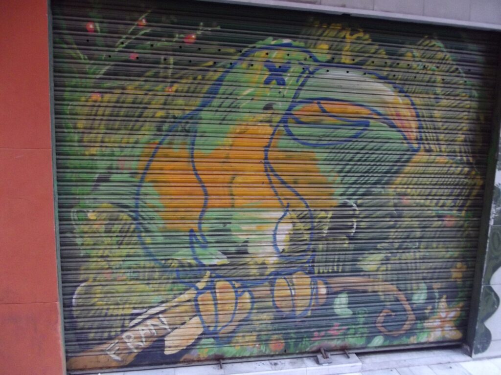 Persiana metálica de un comercio cerrado cubierta por una pintura de colores